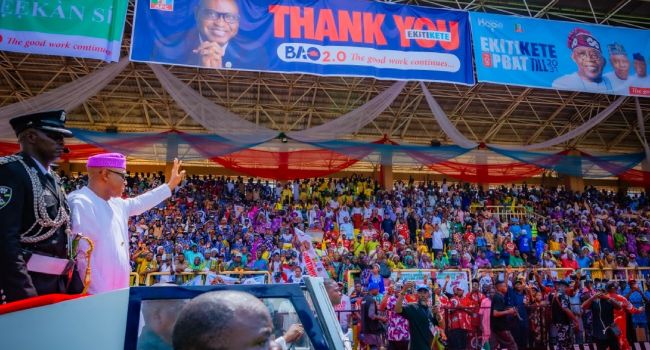 Ekiti State Governor Oyebanji waving to the crowd during his swearing-in for a second term on Friday, October 16, 2026.